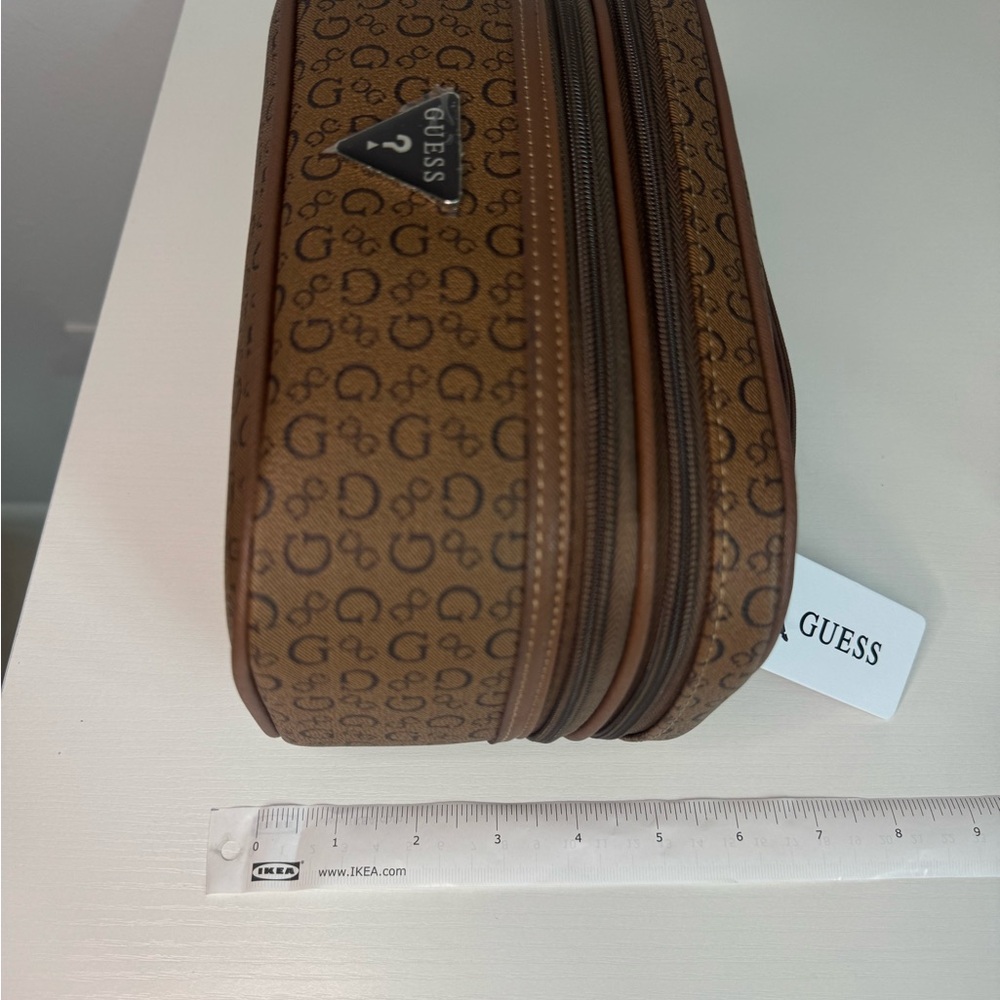 Guess Travel Cosmetic Bag Brown Logo 2 Tier Makeup Case Double Layer Organizer - Picture 8 of 8